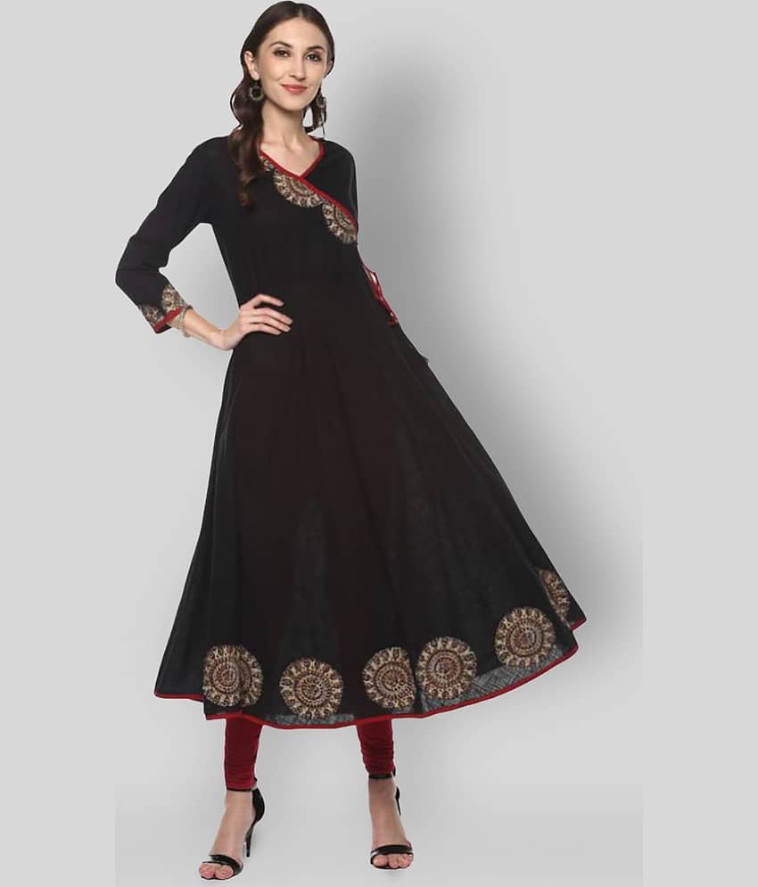 Yash Gallery Pack of 1 Cotton Printed Angrakha Women's Kurti - ( Black )