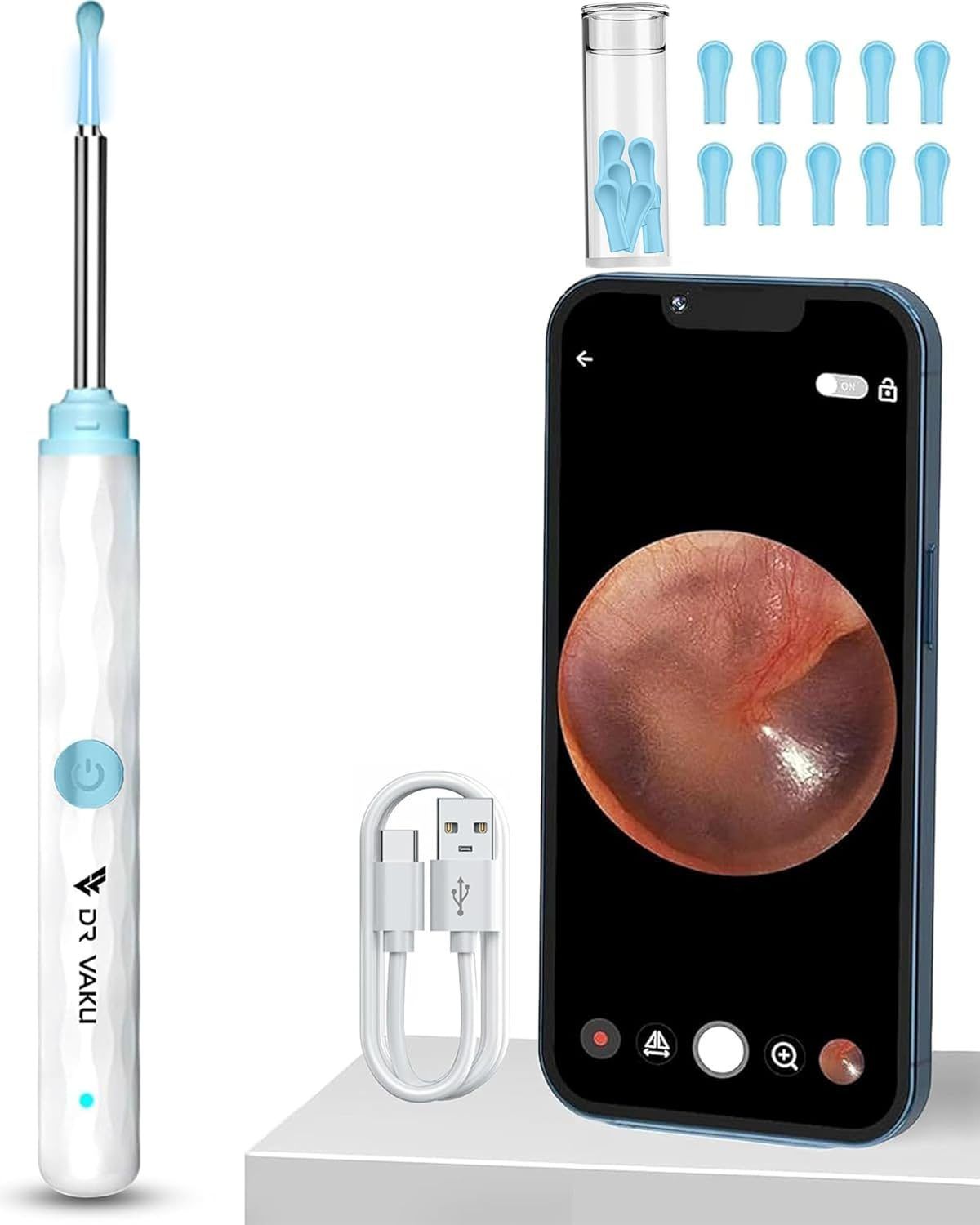 Dr Vaku Earocam Ear Cleaner Earwax Removal Tool Kit with HD Camera, Wi-Fi Connection & 6 LED Lights, Endoscope Tool for iOS & Android, with 11 Silicone Tips - White