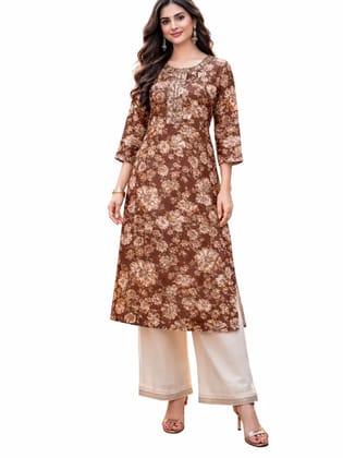 UneR Women's cotton muslin Floral Printed Straight Kurti | V-Neck | 3/4 Sleeves | Casual & Ethnic Wear