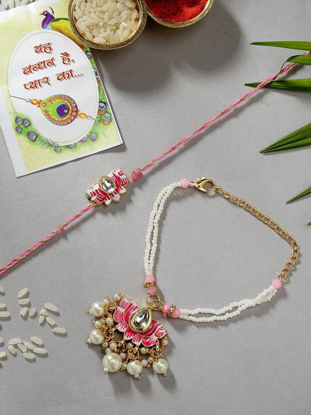 NVR Unisex Set of 2 Pink Lotus Shape Kundan-Studded & Beaded Wraparound Rakhi Set With Roli Chawal & Chocolate-Freesize / Pink / Brass