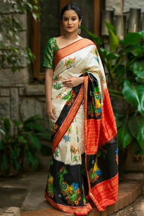 Eye-catching Cream Color Party wear Linen Digital Printed Sari 1255