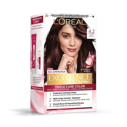 L'Oreal Paris Hair Colour, Radiant At-Home Hair Colour With Up To 100% Grey Coverage, Excellence Creme, 4.2 Plum Brown, 72Ml+100G