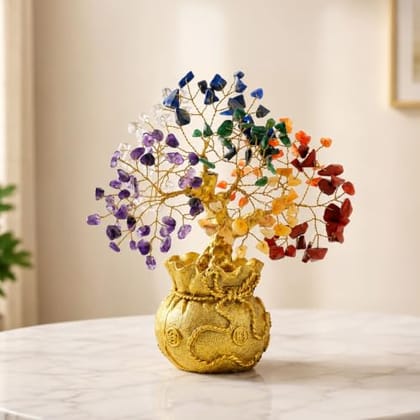 ZAICUS 7 Chakra Crystal Tree with Golden Money Bag Base Home Decor, 7 Inch