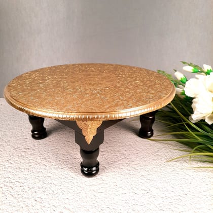 Puja Chowki Bajot | Wooden Brass Chauki | Peeta / Patla for Sitting - For Pooja, Living Room, Home & Corner Decor - 15 Inch