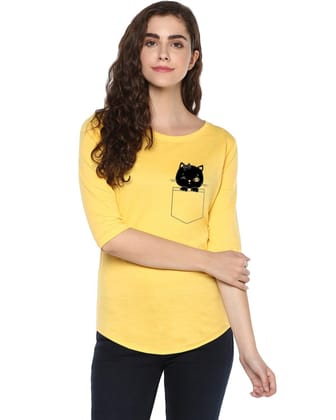 Womens 34U  Cat Printed Blue  Yellow Color Tshirts-Yellow / Small / 100% Bio Wash Cotton