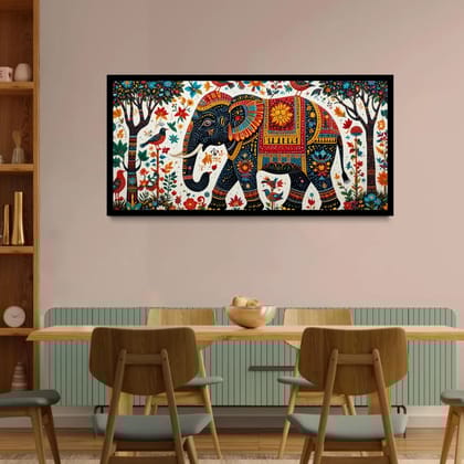 Luminary Majestic Mandala Elephant–Folk Art Museum-Quality Cotton Canvas Handprint for Entryway Décor | Frame Size (127 X 69 Cm) | Frame Type (Black) | 5-Year Warranty