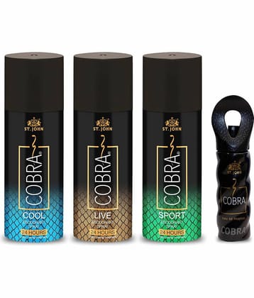 ST.JOHN Cobra Cool,Sport,Live 150ml Each & Cobra 15ml Deodorant Spray & Perfume for Men Pack of 4