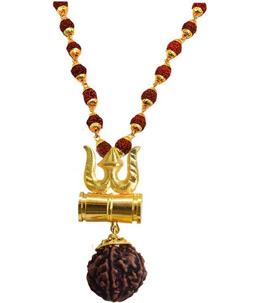GEMLOK Nickel and Brown Wood and Brass Kavach Rudraksha Trishula Damru Locket Pendant Necklace for Men and Women
