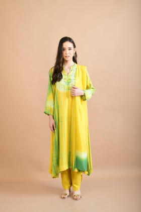 YELLOW GREEN SHIBORI YOKE AND TIE DYE KURTA SET OF 3-XL