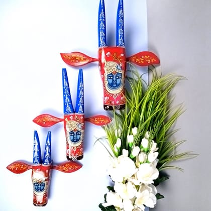 Wooden Cow Head With Shree Nath Ji Face Wall Hanging | Nandi Bull face Wall Art - For Home, Living Room, Entrance, Puja Room & Gifts - 15 Inch (Pack of 3)-Red
