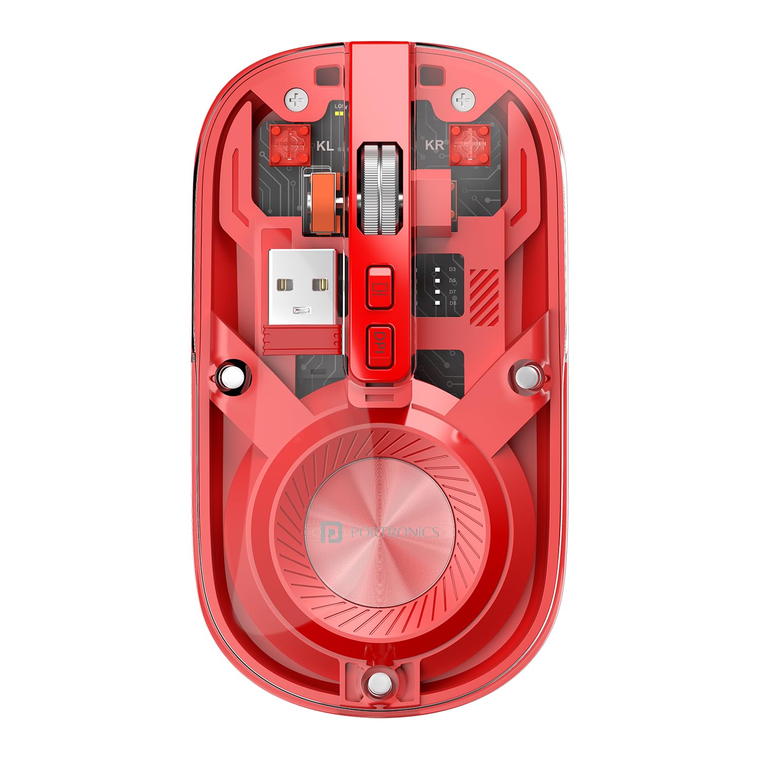 Portronics Toad 8 Transparent Wireless Bluetooth Mouse with Dual Wireless (BT plus 2.4 GHz), Rechargeable Battery, Noise-Free Clicking, Show by Hide Desktop, Multi-Device Pair, Adjust Sensitivity (Red)