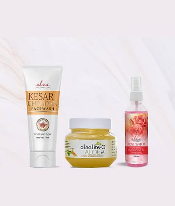 Alna Kesar Chandan Face Wash 75ml with Alnalite-G Aloe Gel 100gm & Rose Water 100ml , Pack of 3