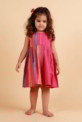 Pink Multicolor Stripe Flared Woven Dress-3-6M