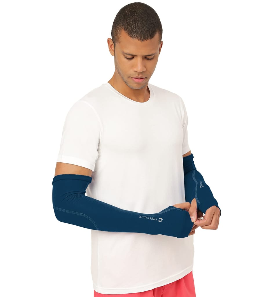 FREECULTR Unisex Breatheable Bamboo Cotton Antibacterial Arm Sleeves with in Built Glove (Sapphire Blue Pack 1)