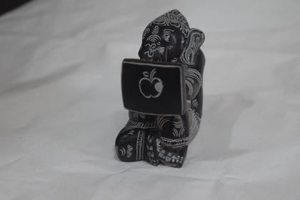 Decorative Black Stone Computer Ganesha Small Statue with White Tribal Pattern Design, Handcrafted Display Holder