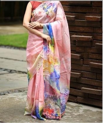 Party Wear Linen Multi color Digital Printed Sari 1012