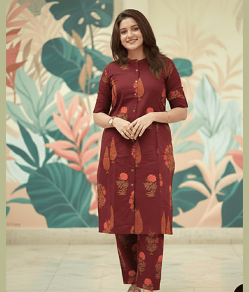 YAGNIK FASHION Women Rayon Printed A-line Kurti With Pants ( Maroon )