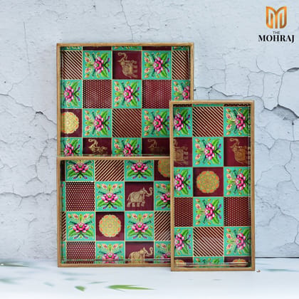 The Mohraj Rajasthani Wooden Rectangular MDF Trays with Resin Finish Set of 3