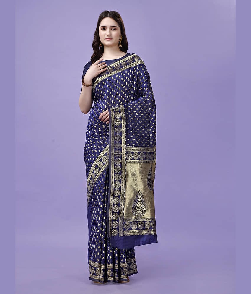 LEELAVATI Banarasi Silk Embellished Saree With Unstitched Blouse Piece ( Navy Blue )