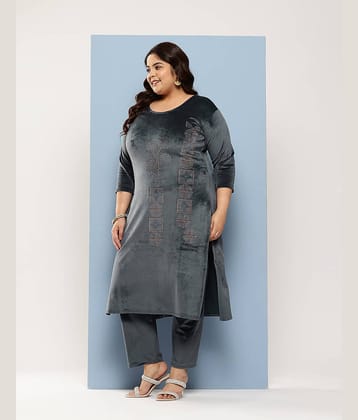 Aarika Women Velvet Embellished Straight Kurti With Pants ( Grey )