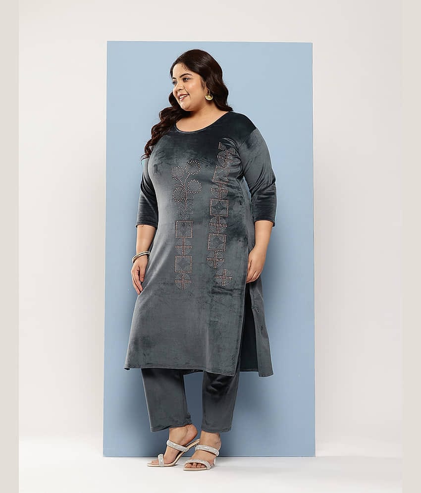 Aarika Women Velvet Embellished Straight Kurti With Pants ( Grey )