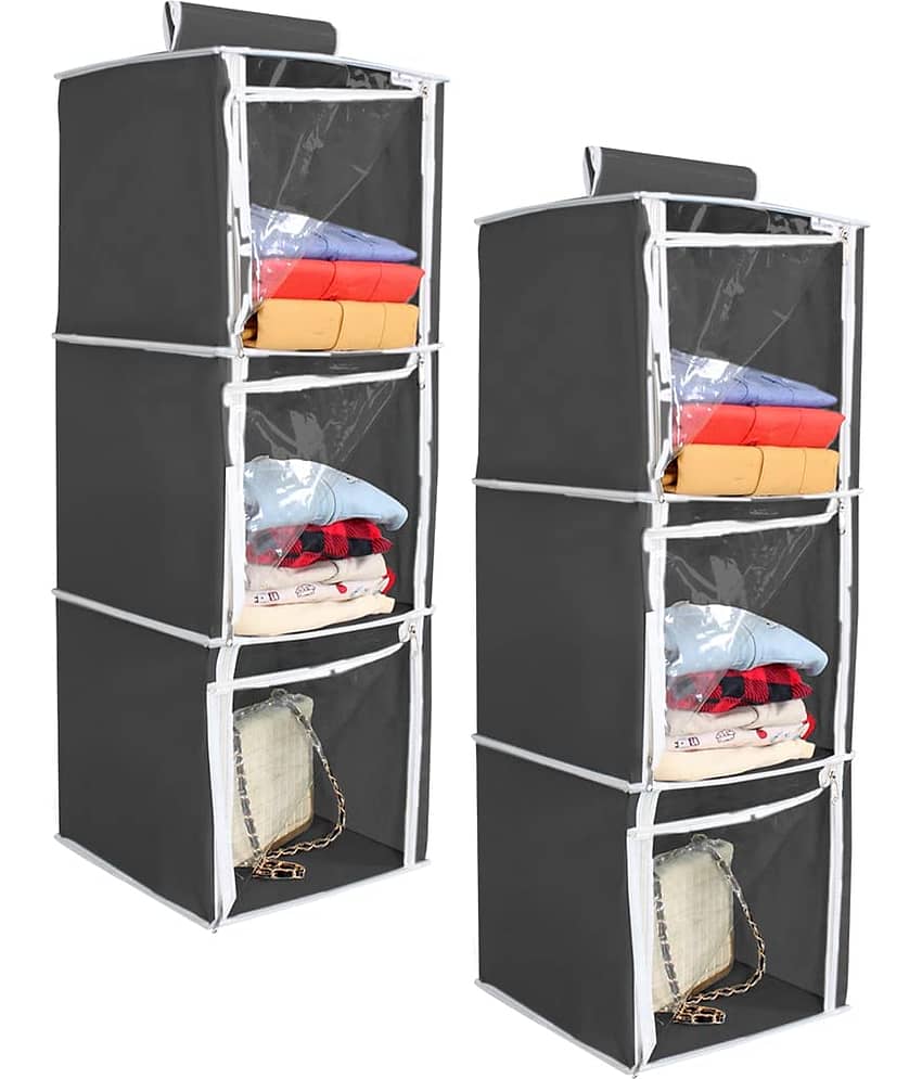 PrettyKrafts 3 Shelf with Transparent Front Clothes Hanging Organizer, Wardrobe for Regular Garments, Shoes Storage Cupboard, Hanger Bag,(Pack of 2) Black