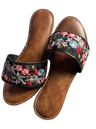 TULIP Traditional Artisians' Upliftment Livelihood Program Jaipuri chappal open toe Women's Embroidered Floral Slide Sandals, Black with Red flower Faux Leather, Flat Slip-On Footwear