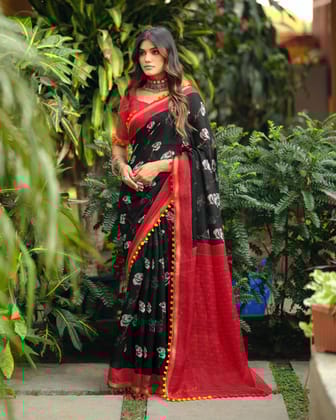 Ikkat Print Cotton Saree With PomPom- Black