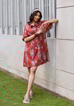 Crimson Leafy Dress-XS