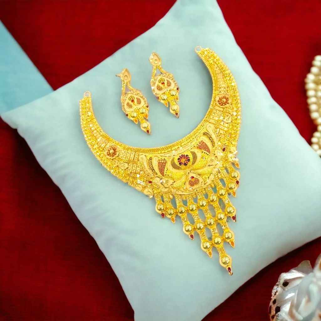 Statement Gold Plated Necklace Set with Matching Earrings