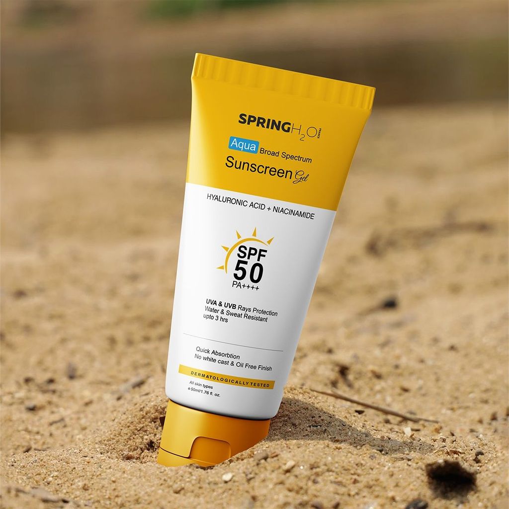 Spring H2O Aqua Broad Spectrum Sunscreen Gel SPF 50 PA++++ with Hyaluronic Acid + Niacinamide for UVA & UVB Rays Protection
