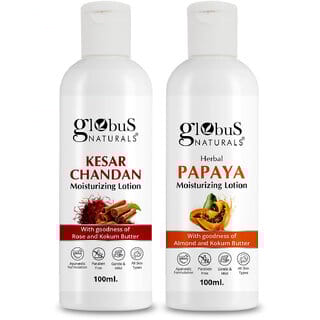 Globus Naturals Body Lotion Combo Set of 2 Kesar Chandan Papaya Body Lotion For NonGreasy Lightweight Body Moisturizer for Women Men All Skin Types