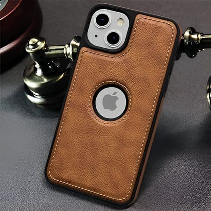 Puloka Brown Logo cut Leather silicone case for Apple iPhone 14 Plus