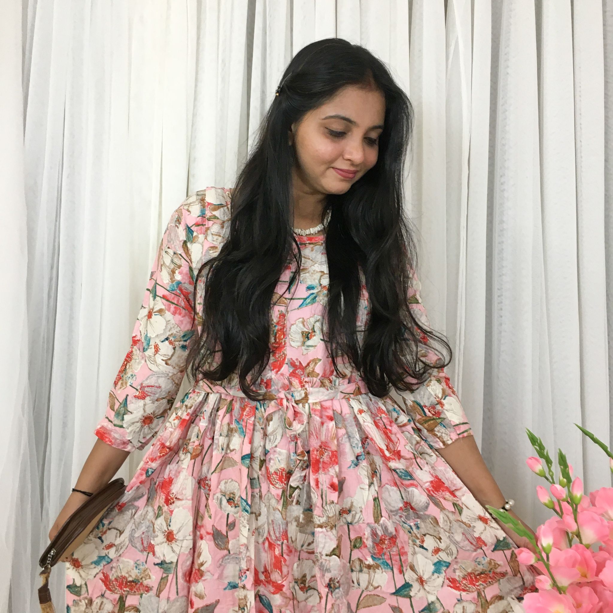 Pink White - Maternity Kurti with Feeding Zips - Soft Rayon-36 - 38 ( S - M )