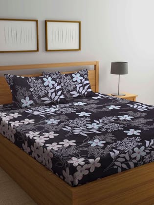 Black & Blue Floral 300 TC King Bedsheet with 2 Pillow Covers