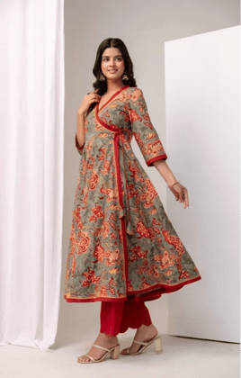 Cloud Grey Angrakha Cotton Suit Set with Hand Block Prints