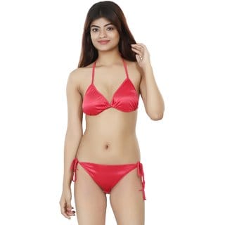 Nivcy Women Satin Without Padded Lingerie Set True Red