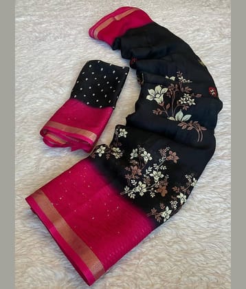 Bhuwal Fashion Art Silk Printed Kota Doria Saree With Unstitched Blouse Piece ( Black )