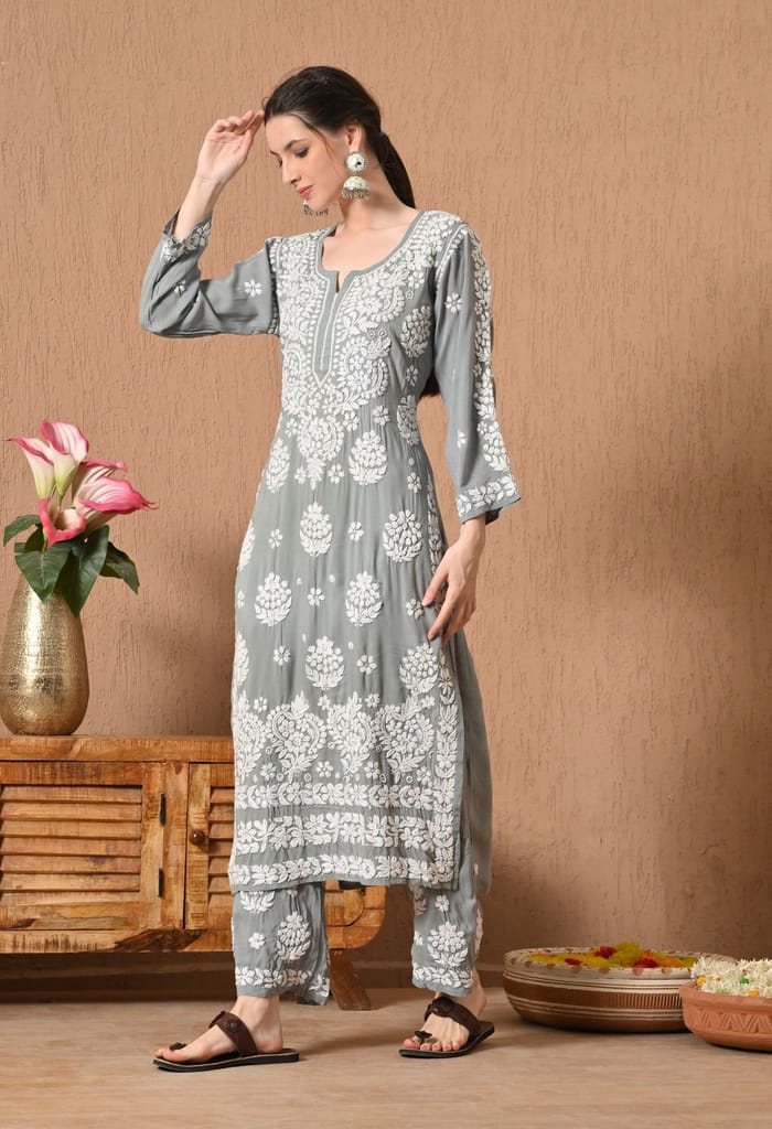 Hand Embroidered Chikankari Modal Plazo Set with 3D Floral Work – Ethnic Wear for Women