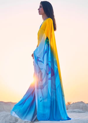 Blue And Yellow Shaded Print Saga Saree