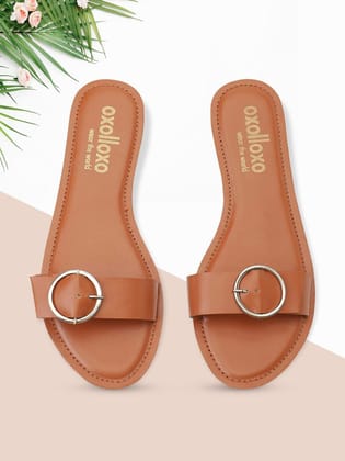 Brown Tanned Buckled Open Back Flat Sandal For Women-37