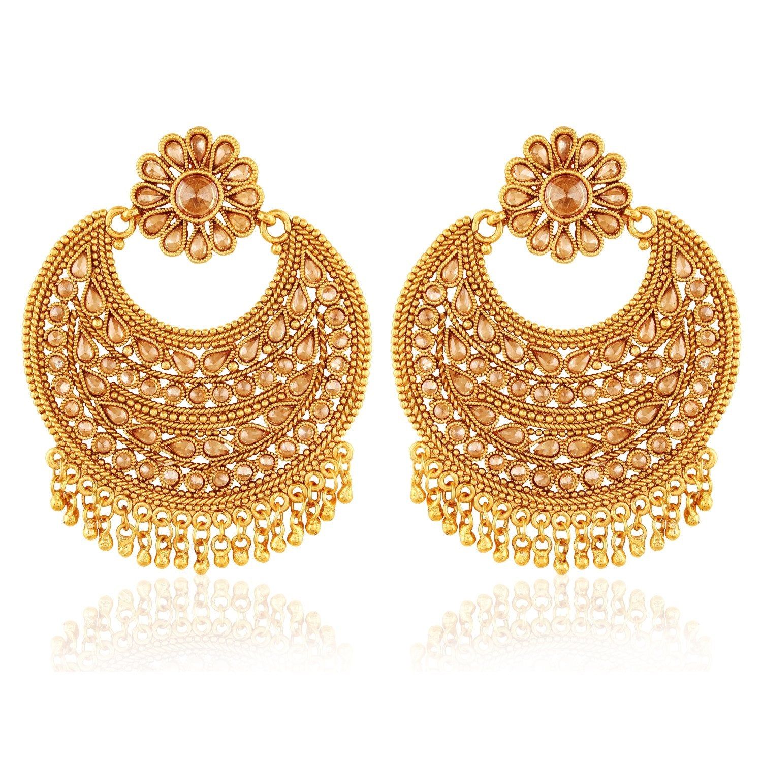 Gold-Plated Floral Chandbali Earrings with Teardrop Detailing