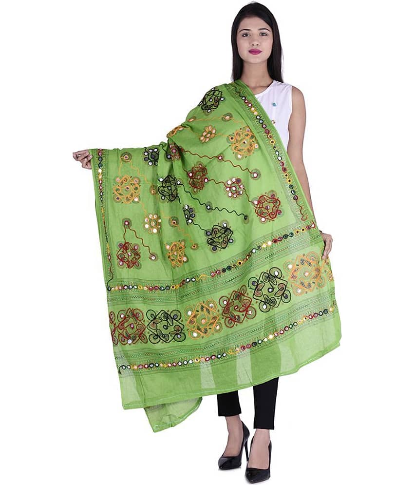 Raj Green Cotton Kutch Embroidered Dupatta