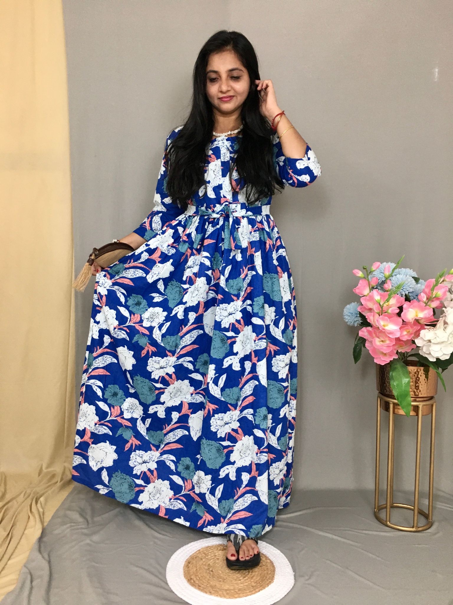 Blue Mix Flower - Maternity Kurti with Feeding Zips - Cotton Flex - Thicker Fabric-36 - 38 ( S - M )
