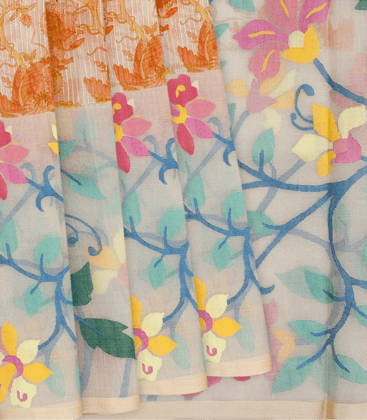 White Handloom Banarasi Jamdhani Printed Organza Saree-White-White