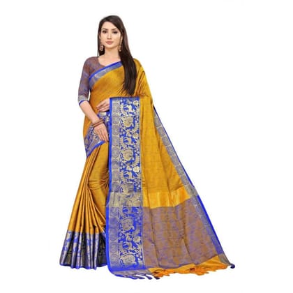 Generic Women's Cotton Silk  Saree with Blouse (Yellow, 5 - 6 Mtrs)