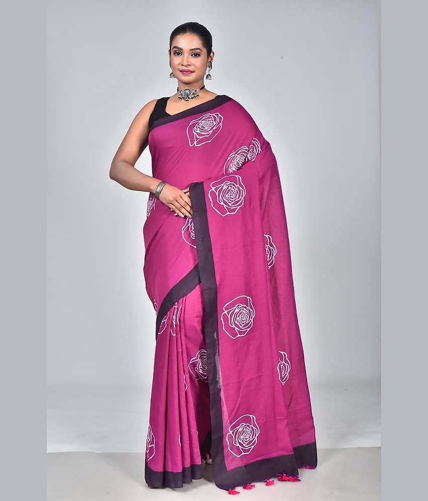 SARADA HANDLOOM Cotton Printed Saree With Unstitched Blouse Piece ( Pink )
