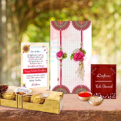 Designer Bhaiya Bhabhi Rakhi with Ferrero Rocher (4 pcs) and Roli Chawal Pack, Best Wishes Greeting Card