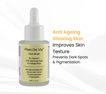 Plein De Vie Face Serum | Anti Ageing Glowing Skin | Improves Skin Texture | Prevents Dark Spots | Pigmentation | 5% Vitamin C | 0.5% Hyaluronic Acid | 4% Kakadu Plum | For Men and Women