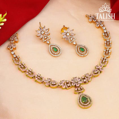 Gold-Plated Floral Necklace Set with Green and White American Diamond Stones